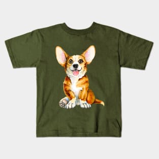 Cute smiling puppy of Corgi breed. Ginger dog. Kids T-Shirt